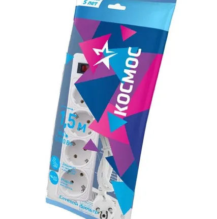 Фото №1 Удлинитель с сетевым фильтром 4х1.5м с заземл. 10А IP20 2.2кВт с предохранителем 3х0.75 индикатор сети бел. КОСМОС FKsm1.5m-4g(W)