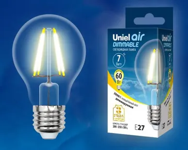 фото Лампа LED-A60-7W/WW/E27/CL/DIM GLA01TR Лампа светодиодная диммируемая. Форма "A", прозрачная. Серия Air. Теплый белый свет (3000K). Картон. ТМ Uniel