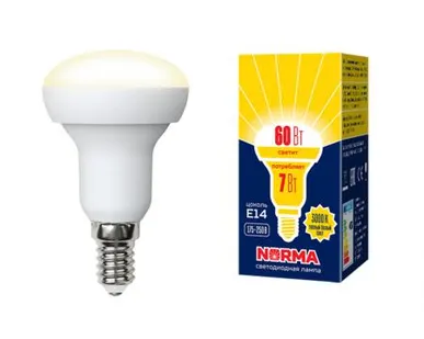 фото Лампа LED-R50-7W/WW/E14/FR/NR Лампа светодиодная. Форма "Рефлектор", матовая. Серия Norma. Теплый белый свет (3000K). Картон. ТМ Volpe