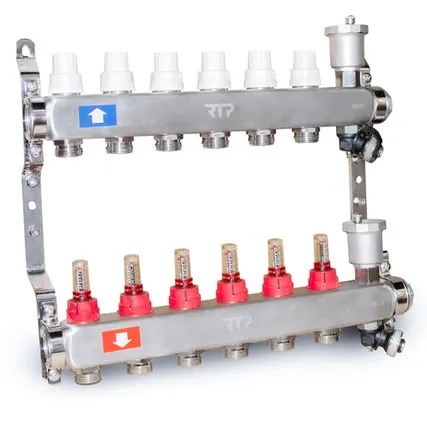 Фото №0 Коллекторная группа с регулирующими клапанами, расходомерами, воздухоотводчиками, обратными и дренажными клапанами, кронштейном (евроконус 3/4") нержавеющая сталь SUS 304 1"х 6 выходов, RTP