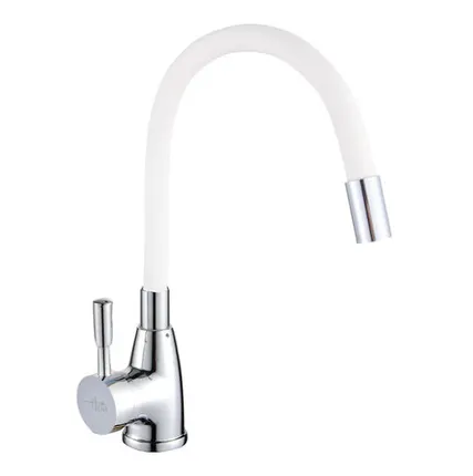 Фото №0 Смеситель FLOE FK234-DW для кухни, 40 мм, на гайке, с боковой штыревой ручкой, с гибким белым изливом