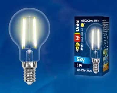 фото Лампа LED-G45-13W/3000K/E14/CL PLS02WH Лампа светодиодная. Форма "шар", прозрачная. Серия Sky. Теплый белый свет (3000К). Картон. ТМ Uniel.