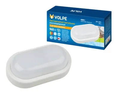 фото Светильник ULW-Q212 12W/NW С датчиком движения IP54 WHITE Светильник светодиодный влагозащищенный, с датчиком движения. Овал. Белый свет (4000K). 960Лм. 200Х97мм. Корпус белый. ТМ Volpe.