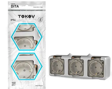фото Розетка 3-м ОП Dita 16А IP54 250В с заземл. с прозрачн. крышкой сер.TOKOV LIGHT TKL-DT-R3Z-C06T-IP54