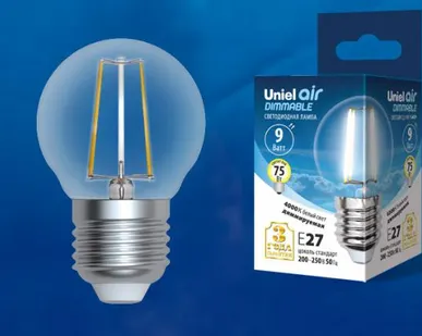 фото Лампа LED-G45-9W/4000K/E27/CL/DIM GLA01TR Лампа светодиодная диммируемая. Форма "шар", прозрачная. Серия Air. Белый свет (4000K). Картон. ТМ Uniel.