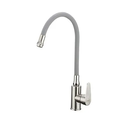 Фото №0 Смеситель для кухни 35 мм, нерж.сталь, бок. ручка, гибкий излив, серый, крепление гайка, FRAP