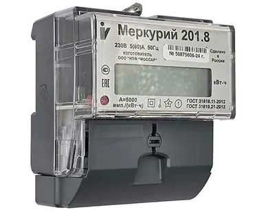фото Счётчик однофазный однотарифный Меркурий 201.8 5-80А на DIN-рейку с ЖК-индикатором