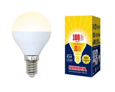 фото Лампа LED-G45-11W/WW/E14/FR/NR Лампа светодиодная. Форма "шар", матовая. Серия Norma. Теплый белый свет (3000K). Картон. ТМ Volpe