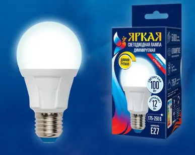 фото Лампа LED-A60 12W/4000K/E27/FR/DIM PLP01WH Лампа светодиодная, диммируемая. Форма «А», матовая. Серия Яркая. Белый свет (4000К). Картон. ТМ Uniel.