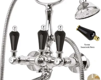 фото Смеситель для ванны с ручным душем золото 24 карат, ручки Swarovski Nero Ce