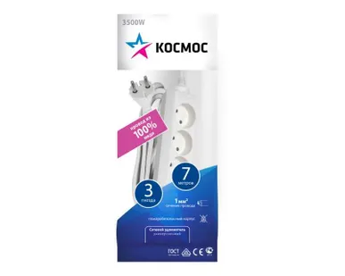 фото Удлинитель 3х7м без заземл. 16А IP20 ПВС 2х1 Космос YKsm7m-3g(K)