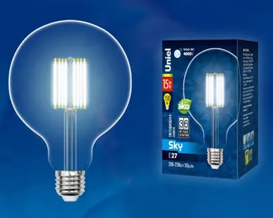 фото Лампа-глоба LED-G125-15W/4000K/E27/CL PLS02WH Лампа светодиодная. Форма "шар", прозрачная. Серия Sky. Белый свет (4000K). Картон. ТМ Uniel.