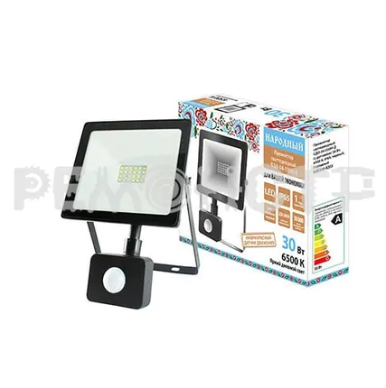 Фото №0 Прожектор светодиодный СДО-04-030Н-Д 30 Вт 6500 К IP65, черный, с датчиком, Народный (1/24) П