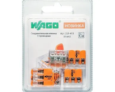 фото Клемма 3х(0,14-4кв.мм) компактная WAGO 221-413, 6шт.