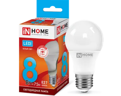 фото IN HOME Лампа светодиодная 8Вт 230В Е27 4000К 720Лм A60 груша LED-A60-VC IN HOME