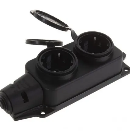 Фото №0 Колодка для удлинителя 2 розетки, однофазная с заглушкой 16А с заземлением, черная