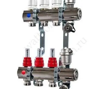 фото Коллекторная группа в сборе VALTEC со встр. расх. из нерж. стали 1" х 3 вых