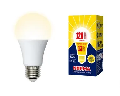 фото Лампа LED-A60-13W/WW/E27/FR/NR Лампа светодиодная. Форма "A", матовая. Серия Norma. Теплый белый свет (3000K). Картон. ТМ Volpe