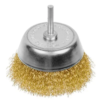 Фото №0 Щетка-крацовка чаша со шпилькой для дрели М6*100мм, латунированная проволока РемоКолор