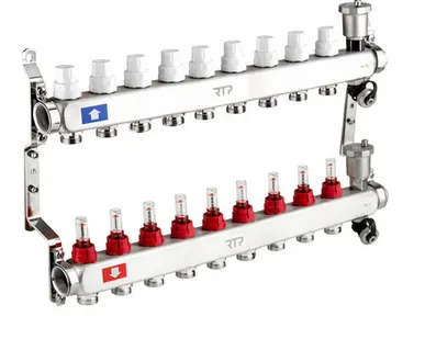 фото Коллекторная группа с регулирующими клапанами, расходомерами, воздухоотводчиками, обратными и дренажными клапанами, кронштейном (евроконус 3/4") нержавеющая сталь SUS 304 1"х 9 выходов, RTP