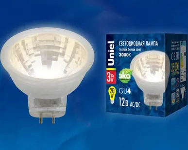 фото Лампа LED-MR11-3W/WW/GU4 GLZ21TR Лампа светодиодная, 12V. Прозрачная. Теплый белый свет (3000K). Картон. ТМ Uniel.