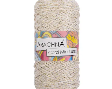 фото Пряжа ARACHNA "Cord Mini Lurex" 90% полиэфир, 10% люрекс 75 г ± 10 г 200 м №01 белый-золото