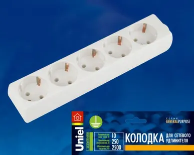 фото Колодка для удлинителя K-GCP5-10 WHITE Колодка для удлинителя Uniel. 5 гнезд, с/з, 10A, 2200Вт. Белый. ТМ Uniel
