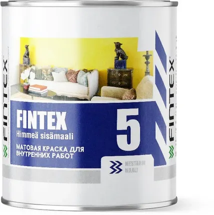 Фото №0 Краска Fintex 5, для стен и потолков, моющаяся, матовая, База А, 0,9л