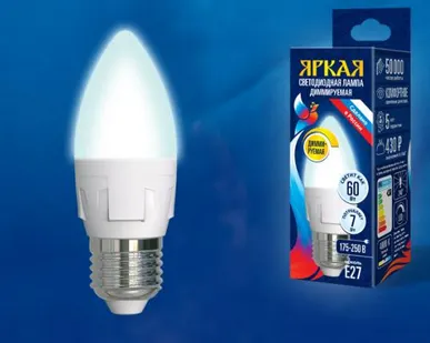 фото Лампа LED-C37 7W/4000K/E27/FR/DIM PLP01WH Лампа светодиодная, диммируемая. Форма «свеча», матовая. Серия Яркая. Белый свет (4000K). Картон. ТМ Uniel.