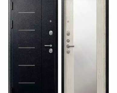 фото Дверь входная V-04 (Центурион) металл/МДФ с зеркалом, Черный муар/Полярный дуб 2050х960мм, ЛЕВАЯ (2025)