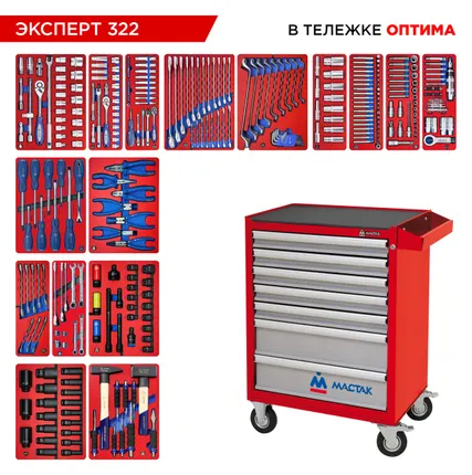 Фото №15 Набор инструментов 323 предмета, quot;ЭКСПЕРТ 322 quot;, в красной тележке МАСТАК 52-07322R