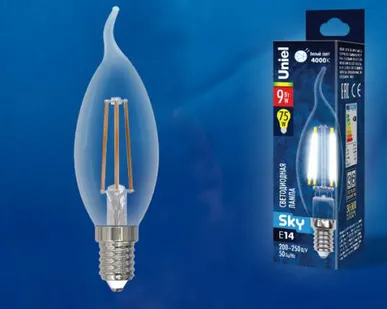 фото Лампа LED-CW35-9W/4000K/E14/CL PLS02WH Лампа светодиодная. Форма "свеча на ветру", прозрачная. Серия Sky. Белый свет (4000К). Картон. ТМ Uniel.