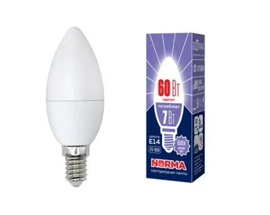 фото Лампа LED-C37-7W/DW/E14/FR/NR Лампа светодиодная. Форма "свеча", матовая. Серия Norma. Дневной белый свет (6500K). Картон. ТМ Volpe