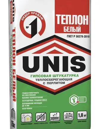 Фото №0 Штукатурка гипсовая Юнис (UNIS) Теплон белый 15кг