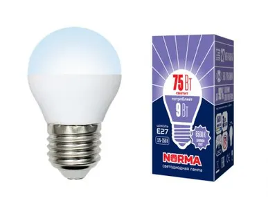 фото Лампа LED-G45-9W/DW/E27/FR/NR Лампа светодиодная. Форма "шар", матовая. Серия Norma. Дневной белый свет (6500K). Картон. ТМ Volpe