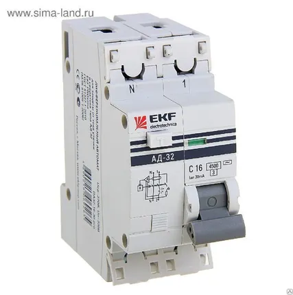 Фото №0 Дифференциальный автомат АД-32 1P+N 16А/30мА (хар. C, тип AC) 4,5кА EKF.