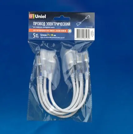 Фото №0 Коннектор для ленты 220В UCX-SK2/A67-NNN CLEAR 005 POLYBAG Соединитель (провод) для светодиодных лент 220В 3528, 2 контакта, цвет прозрачный, 5 штук в пакете
