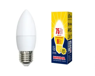 фото Лампа LED-C37-9W/WW/E27/FR/NR Лампа светодиодная. Форма "свеча", матовая. Серия Norma. Теплый белый свет (3000K). Картон. ТМ Volpe