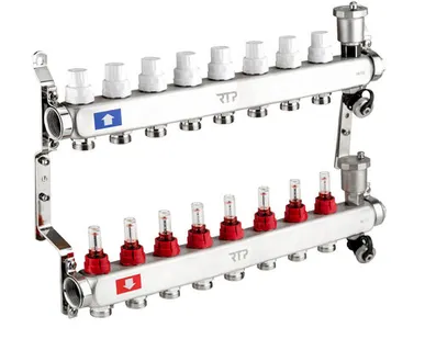 фото Коллекторная группа с регулирующими клапанами, расходомерами, воздухоотводчиками, обратными и дренажными клапанами, кронштейном (евроконус 3/4") нержавеющая сталь SUS 304 1"х 8 выходов, RTP