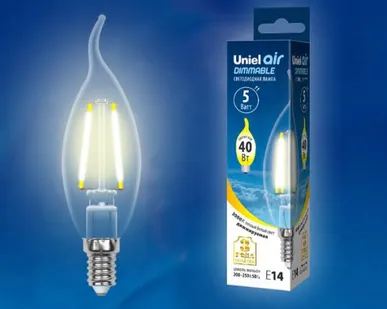 фото Лампа LED-CW35-5W/WW/E14/CL/DIM GLA01TR Лампа светодиодная диммируемая. Форма "свеча на ветру", прозрачная. Серия Air. Теплый белый свет (3000K). Картон. ТМ Uniel