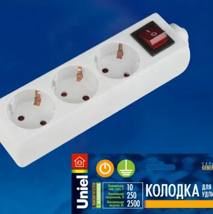 Фото №0 Колодка для удлинителя K-GCP3-10B WHITE Колодка для удлинителя Uniel, с выключателем. 3 гнезда, с/з, 10A, 2200Вт. Белый. ТМ Uniel