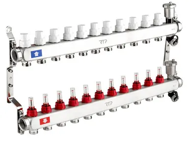 фото Коллекторная группа с регулирующими клапанами, расходомерами, воздухоотводчиками, обратными и дренажными клапанами, кронштейном (евроконус 3/4") нержавеющая сталь SUS 304 1"х 11 выходов, RTP