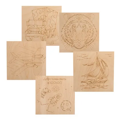 Фото №0 Доски для выжигания «Для мальчиков», 150х150мм, набор 5 шт. (тигр, самолет, машина, парусник, космос) пакет REXANT
