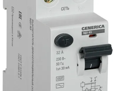 фото Выключатель дифференциального тока (УЗО) 2п 32А 30мА тип AC ВД1-63 GENERICA ИЭК MDV15-2-032-030