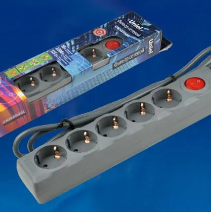 Фото №0 Сетевой фильтр S-GSU5-1,5 GREY Cетевой фильтр серии Universal, 1,5м (Пвс 3*0,75), 5 гнезд, с/з. 10А. Защита от перенапряжения, короткого замыкания. TM Uniel.