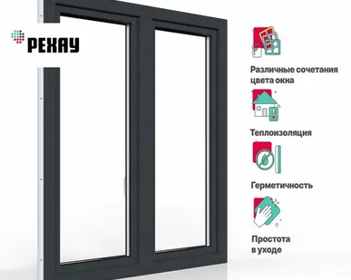 фото REHAU Пластиковое окно ПВХ REHAU BLITZ 1200х1000 мм (ВхШ) с учетом подставочного профиля, двухстворчатое, поворотно-откидное левое /правое, двухкамерный стеклопакет, антрацитово-серый снаружи