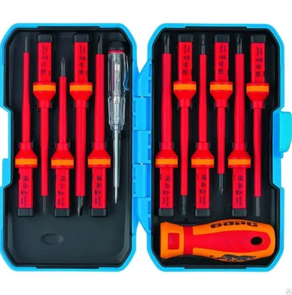 Фото №0 Отвертка диэлектрическая со сменными насадками, индикатор напряжения, 13 шт