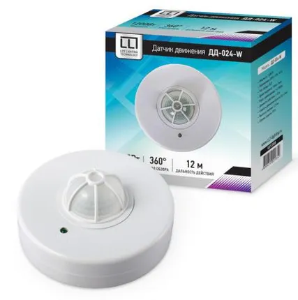 Фото №1 Датчик движения инфракрасный ДД-024-W 1200Вт 180-360 градусов 12м, IP33 белый LLT