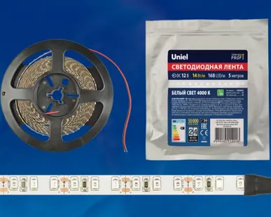 фото Светодиодная лента ULS-M14-2835-168LED/m-10mm-IP20-DC12V-14W/m-5M-4000K PROFI Гибкая светодиодная лента на самоклеящейся основе. Катушка 5м. в герметичной упаковке. Белый свет(4000К). ТМ Uniel.