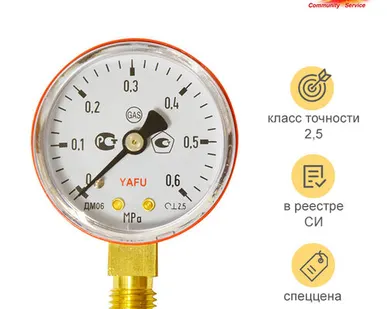 фото YAFU Манометр на редуктор пропановый, метановый 0,6 МПа (6 кгс/см кв, кл. т. 2,5)